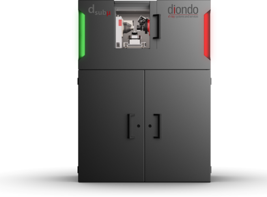 Fotografia ravvicinata del sistema Diondo dsub, un tomografo computerizzato ultra-compatto per la ricerca, con manipolatore granite-based per la massima stabilità.