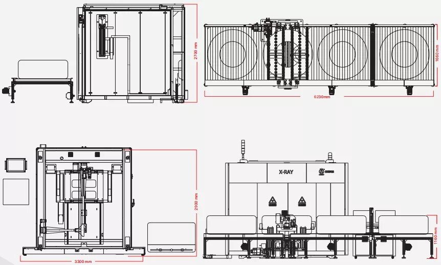Dettaglio del sistema di movimentazione interno all'UNL 120C per il posizionamento preciso e l'ispezione a 360 gradi dei pneumatici a raggi X.