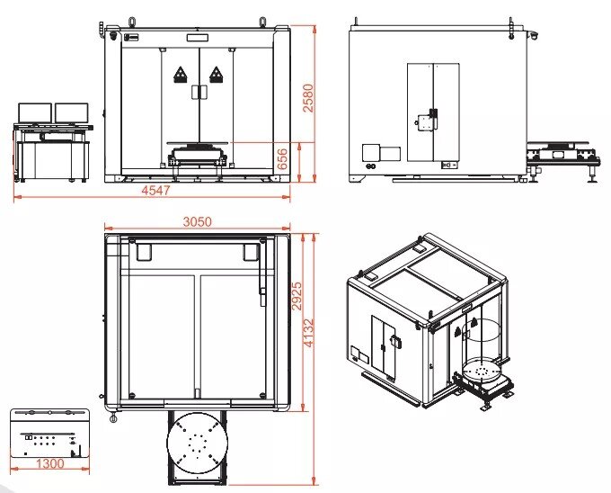 Configurazione interna del sistema UNF che supporta sia la radioscopia 2D che la Tomografia Computerizzata (CT) 3D per analisi complete.