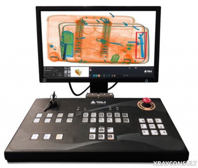 Sicurezza, postazione con 2 monitor dello scanner raggi-x per controllo bagagli Sicurezza, postazione con 2 monitor dello scanner raggi-x per controllo pacchi